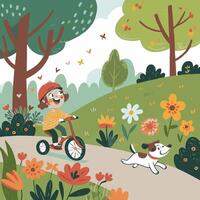 Joyful Child Riding Tricycle with Playful Dog in a Vibrant Flower-Filled Park vector