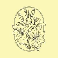 Intricate Lily Flower Bouquet Line Art with Delicate Buds and Light Yellow Background vector