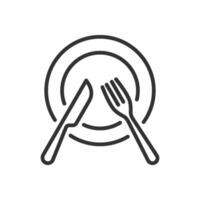 Icon of a plate, knife, and fork, perfect for illustrating dining or food-related concepts. Minimalist design for use in various apps vector