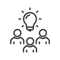 Group of people brainstorming together icon. with a light bulb shining above them symbolizing a bright idea. Concept for teamwork, innovation, and problem solving. vector