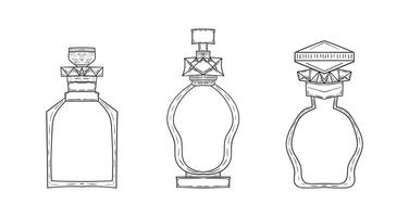Set hand drawn bottles with magic potion in cartoon vintage style vector
