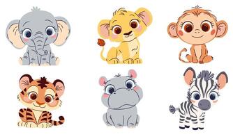 A set of cute illustrations in a simple childish style. Safari animals. Cute tiger cub, lion cub, elephant cub and hippo, zebra and monkey with big eyes vector