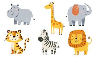 A set of cute illustrations in a simple childish style. Safari and jungle animals. Cute lion, tiger, elephant, giraffe, hippo and zebra on white background vector