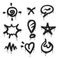 Set of graffiti image symbols. Spray painted graffiti patterns in the form of question marks, arrows, crowns, stars, fences and more. Spray paint elements. Illustration of street art style objects. vector