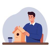 Man Building Wooden Birdhouse Crafting Hobby Activity with Coffee Cup on Table Illustration vector