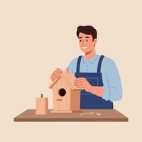 Man crafting wooden birdhouse with tools on table illustration in workshop environment vector