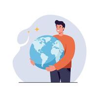 Man holding globe illustration with blue and orange colors in simple flat style vector
