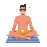 Man meditating in sunglasses sitting cross-legged on striped mat for relaxation and mindfulness practice in summer setting vector