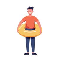 Man smiling with yellow inflatable swim ring standing in casual summer outfit illustration vector