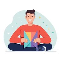 Young man sitting cross-legged reading colorful geometric book illustration with happy expression vector
