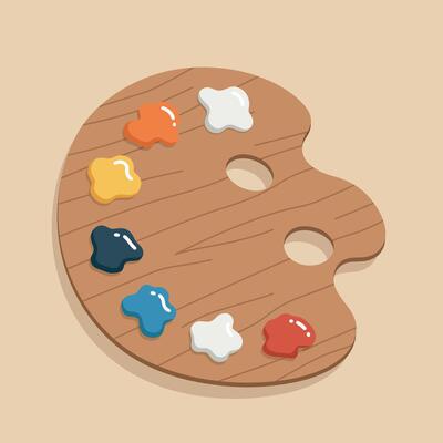 Wooden artist palette with colorful paint blobs in orange yellow black blue white and red for painting creativity supplies illustration