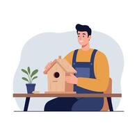 Man Assembling Wooden Birdhouse Craft Project in Workshop Hobby and Leisure Activity Illustration vector