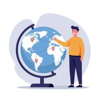 Man pointing at globe with location pins showing world travel and geography exploration concepts illustration vector