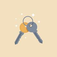Two metal keys on keyring illustration with grey and orange colors in simple style vector