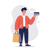 Young man holding credit card and shopping bags in casual outfit illustration vector