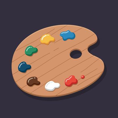 Artist paint palette with primary and secondary paint colors on wooden surface illustration
