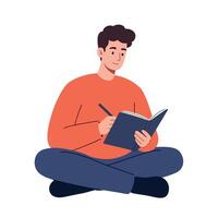 Young man sitting cross-legged writing in notebook with orange sweater and navy pants illustration vector