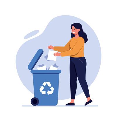 Woman recycling paper in blue bin promoting environmental awareness and sustainability illustration