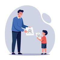 Father and son sharing drawings in casual home setting illustration vector