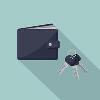 Wallet with keys flat design illustration showing everyday personal accessories and essentials with long shadows vector