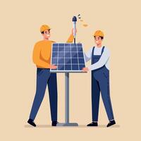 Two workers installing solar panel technology for clean energy production and sustainable power solutions illustration vector