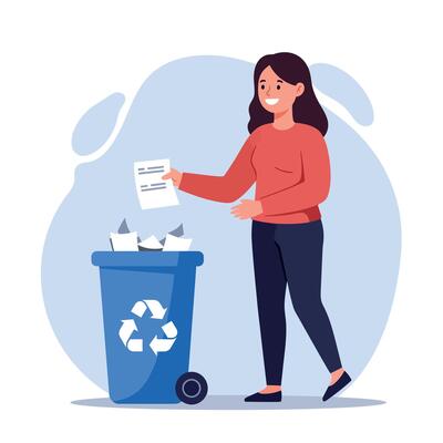 Woman throwing paper into blue recycling bin promoting environmental awareness and waste management illustration