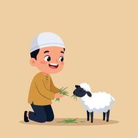 Boy feeding sheep with grass in simple flat style illustration with beige background vector