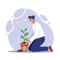 Man kneeling planting green small tree in brown pot with earth symbol for environment care illustration vector