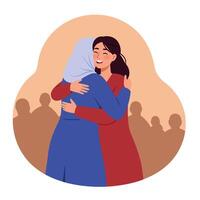 Two women hugging warmly in a friendly embrace showing connection and support in a simple illustration vector