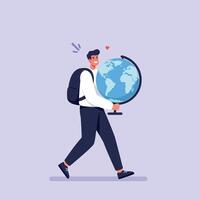 Young man carrying large globe with backpack traveling and exploring world map illustration vector