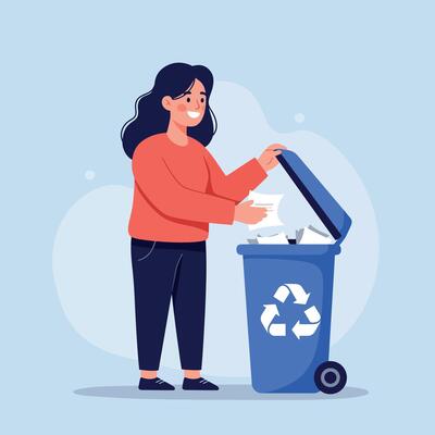 Woman recycling paper waste into blue recycling bin for environmental care and sustainability awareness illustration