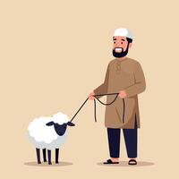 Man in traditional clothing walking white fluffy sheep on leash illustration for farming and livestock care concepts vector