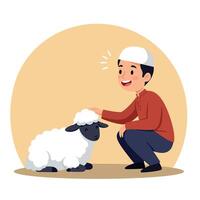 Boy in white cap petting fluffy sheep in warm beige circle background illustration vector