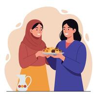 Two women sharing plate of assorted pastries and juice in casual setting illustration vector