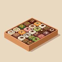Assorted colorful chocolates box with various toppings and flavors in isometric style illustration vector