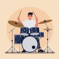 Drummer playing drum set with drumsticks in music performance illustration vector