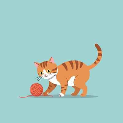 Orange tabby cat playing with ball of red yarn on light blue background illustration