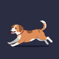 Running brown and white dog with collar and tongue out on dark background illustration vector