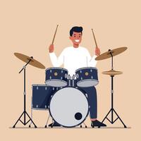 Young man playing drum set with drumsticks in music practice session illustration vector