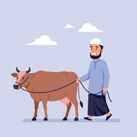 Man walking with brown cow on leash in rural setting natural calm scene illustration vector