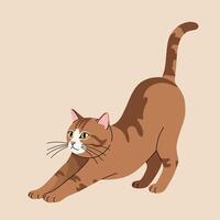 Brown Tabby Cat Stretching Illustration with Yellow Eyes and Pink Ears in Simple Style vector