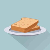 Toasted bread slices on white plate with shadow on blue background illustration vector