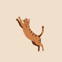 Brown Tabby Cat Leaping Playfully in Minimalist Illustration with Beige Background vector