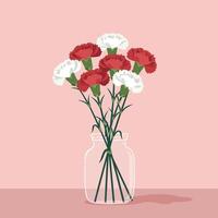 Carnation flower bouquet in clear glass vase with red and white petals on pink background illustration vector