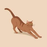 Brown Cat Stretching Illustration with Yellow Eyes on Beige Background Graphic vector