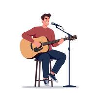 Man playing acoustic guitar singing into microphone on stool illustration art vector