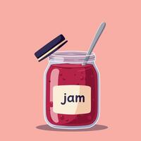 Jar of red jam with spoon and open lid on pink background illustration for food design and packaging ideas vector
