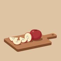 Red apple whole and sliced on wooden cutting board healthy fruit snack illustration vector