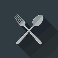 Fork and spoon crossed flat design icon with long shadow on dark background for food and dining concept illustration vector