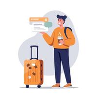 Young man traveler with suitcase holding coffee and message notification illustration vector